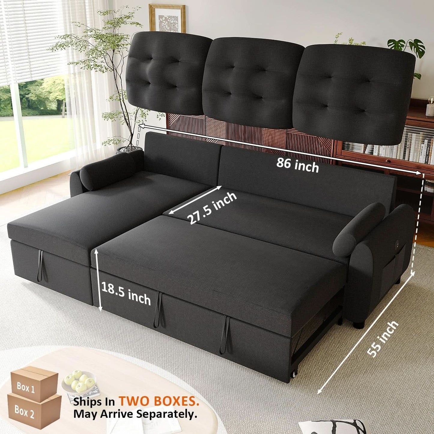 86Inch Convertible Sleeper Sectional With USB Ports from PriceLows™