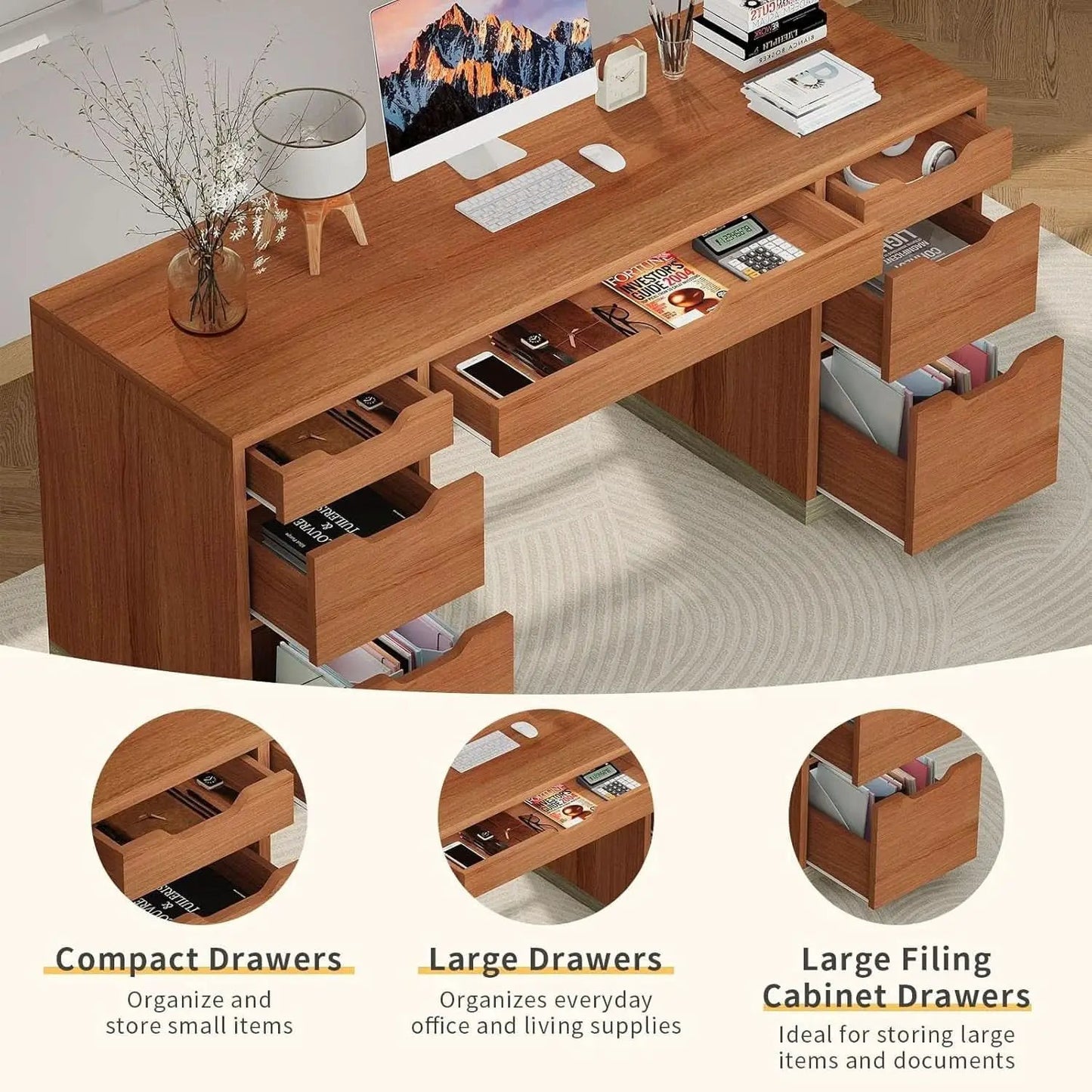 54 Inch Walnut Finish Executive Desk With Seven Drawers from PriceLows™