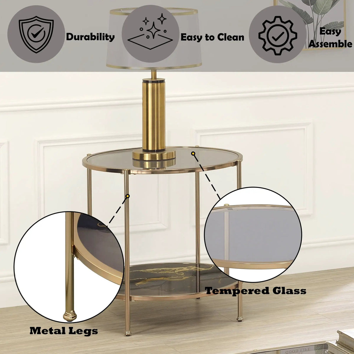 Fiorella Marble Print Glass Coffee Table | Metal Frame | Lower Shelf | 50 Inch Width