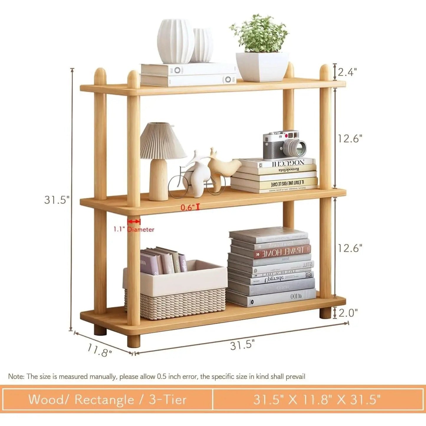3 Tier Wooden Shelf Bookcase Oak Free Standing Unit from PriceLows™