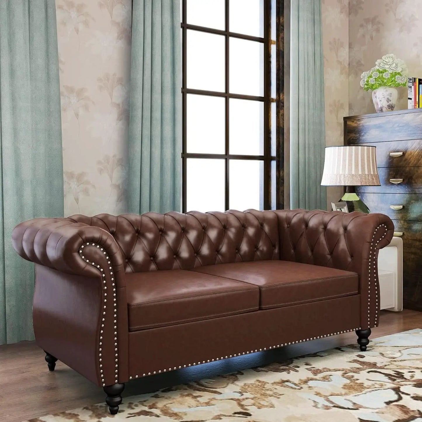 Two Piece Living Room Set Chesterfield Leather Sofa And Chair With Scroll Arms In Dark Brown from PriceLows™