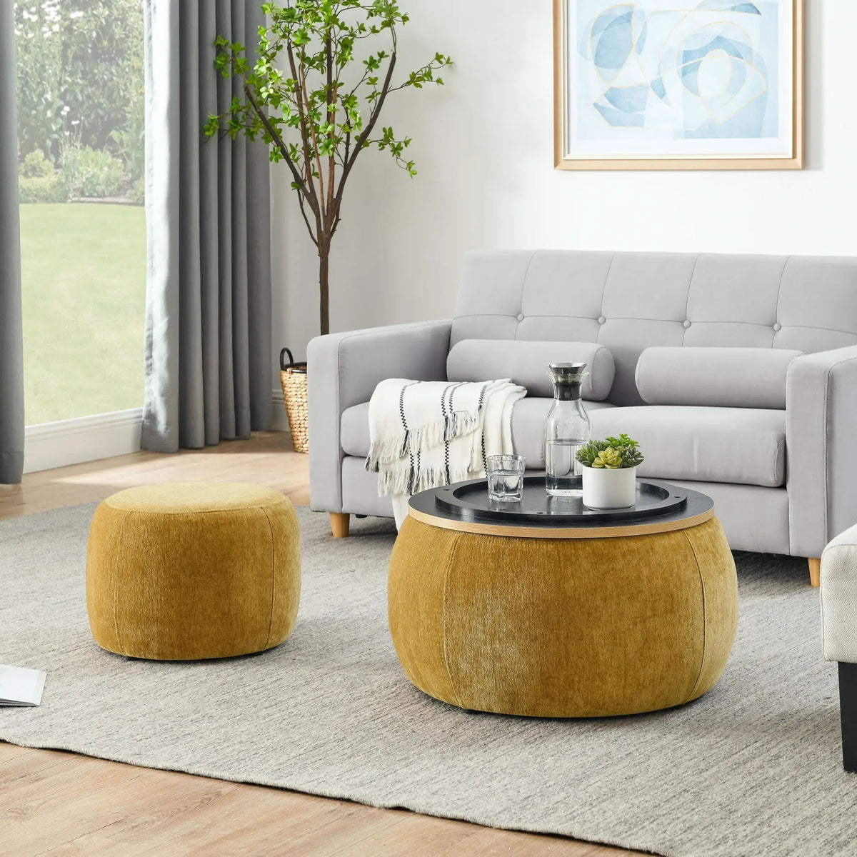 Round Storage Ottoman | Pleated Fabric | Removable Lid