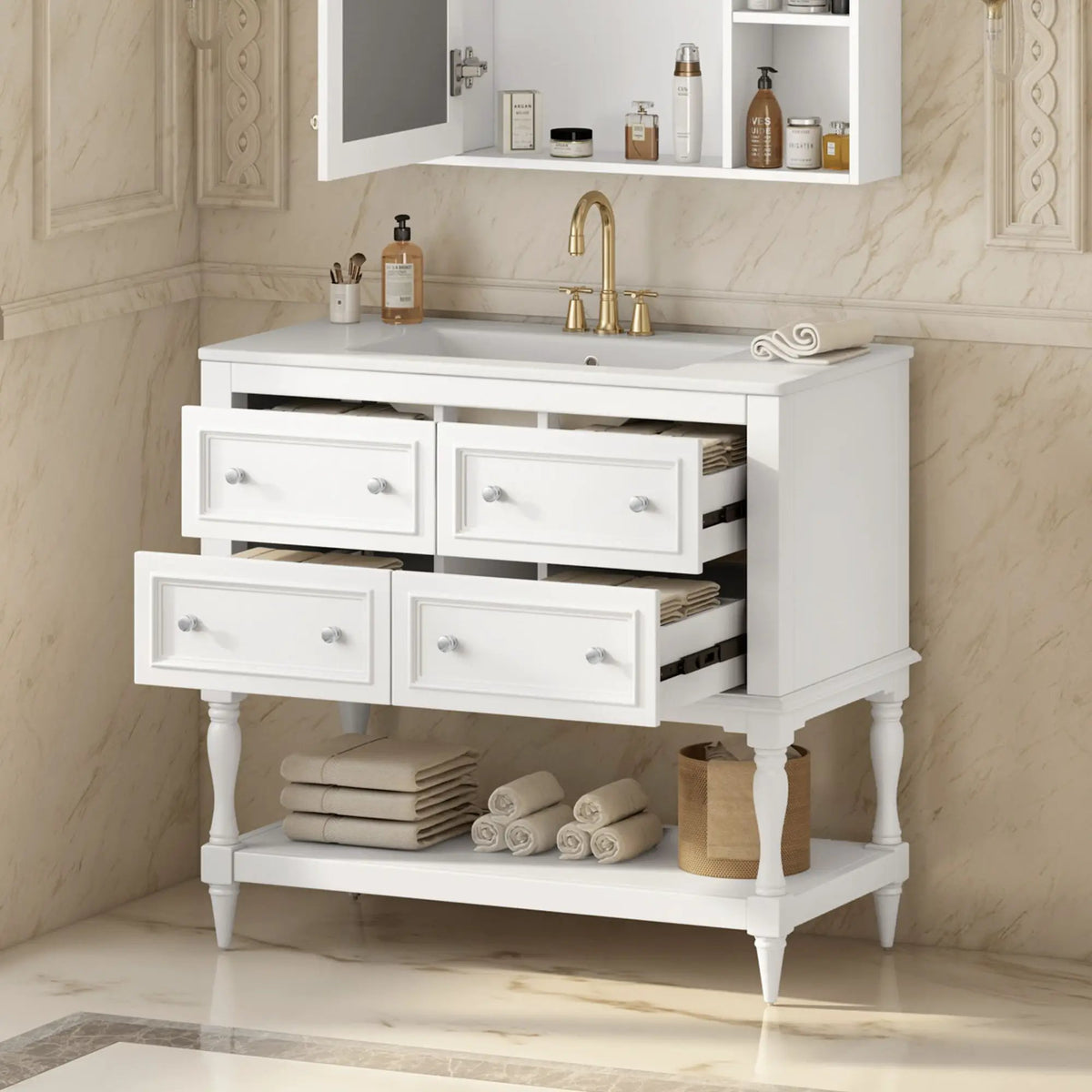 36 Inch Bathroom Vanity With Undermount Sink | 4 Extension Drawers | Solid Wood Frame | Ceramic Sink