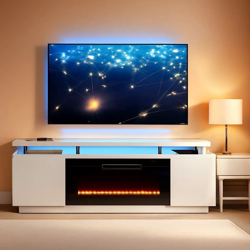 80 Inch White Electric Fireplace TV Stand With LED Lights from PriceLows™