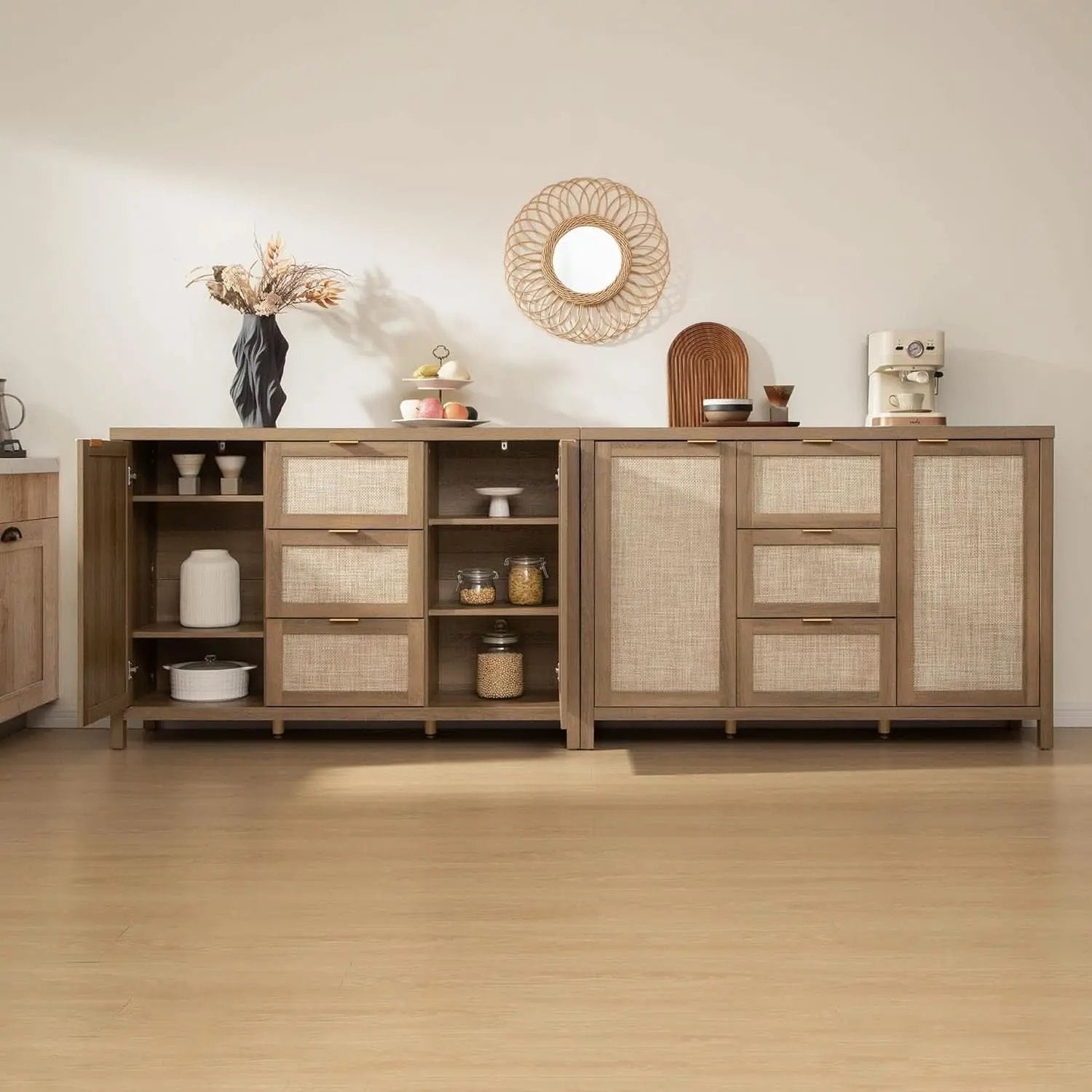 Caramel Oak Rattan Large Sideboard Buffet Storage Cabinet from PriceLows™