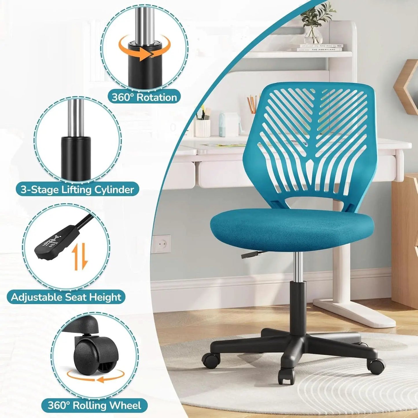 Turquoise Low Back Desk Chair With Lumbar Support And Adjustable Height from PriceLows™