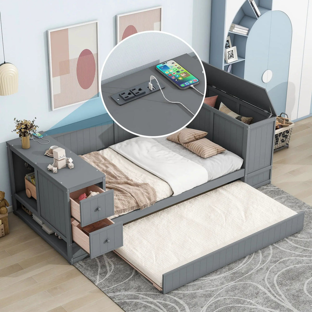 Daybed | Solid Pine Frame | Pull Out Trundle | Integrated Charging