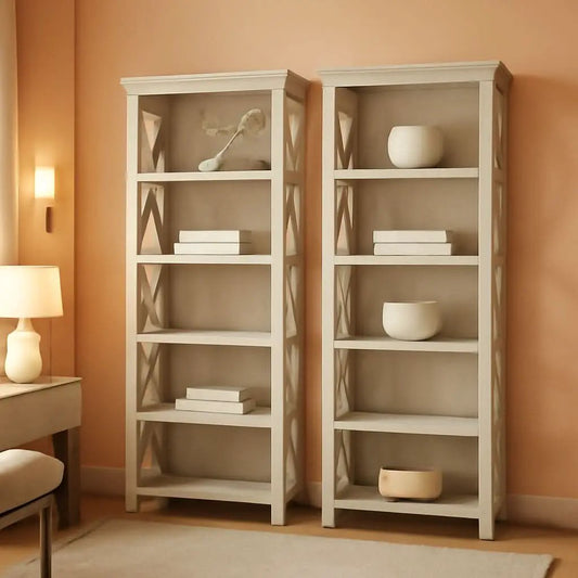 Linen White Oak 5 Shelf Bookcase Set 2 Tall 66H 32W 13D from PriceLows™