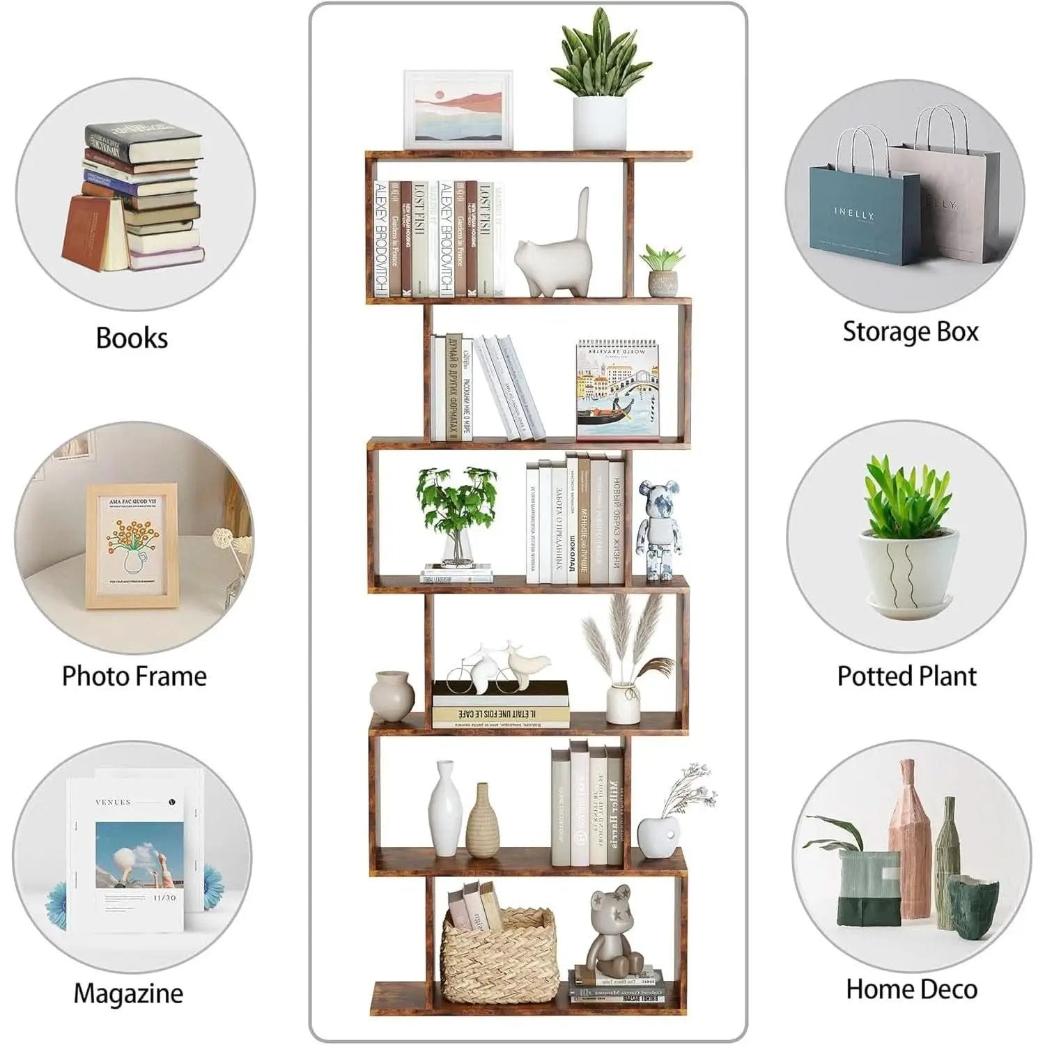 Geometric Bookcase 6 Tier S Shaped Rustic Brown Wood Shelf from PriceLows™