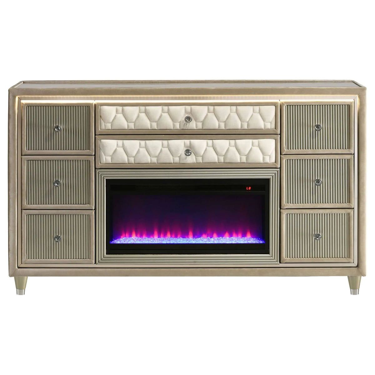 Lorient 8-drawer LED Bedroom Flame Box Dresser Ivory Camel | 66.25 x 16.25 x 39.25 in | Rubberwood & Velvet | Bedroom