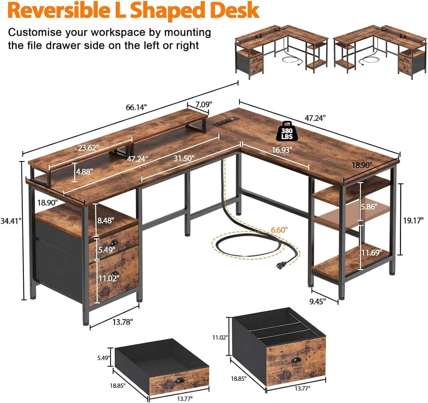 66 Inch Rustic Brown L Shaped Desk With Power Outlet from PriceLows™