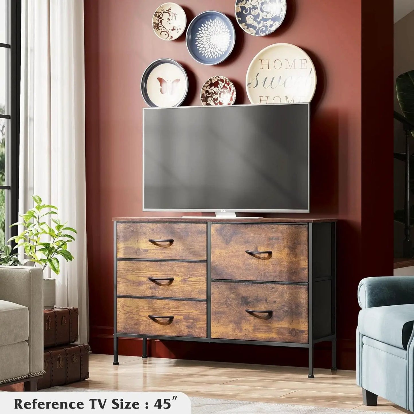 Rustic Brown Wood Grain 5 Drawer Dresser For Bedroom from PriceLows™
