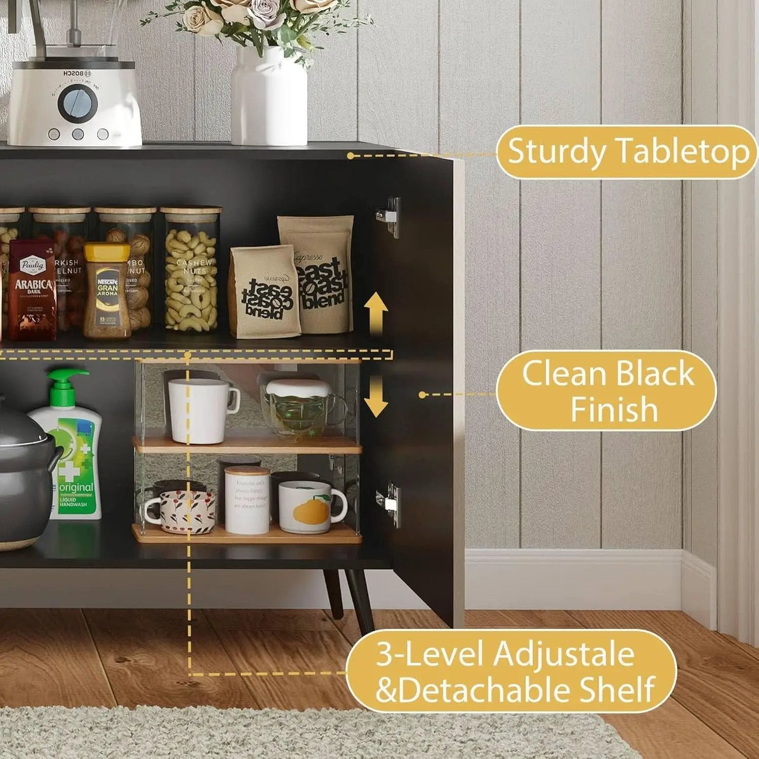 63 Inch Oak And Black Mid Century Modern Sideboard from PriceLows™