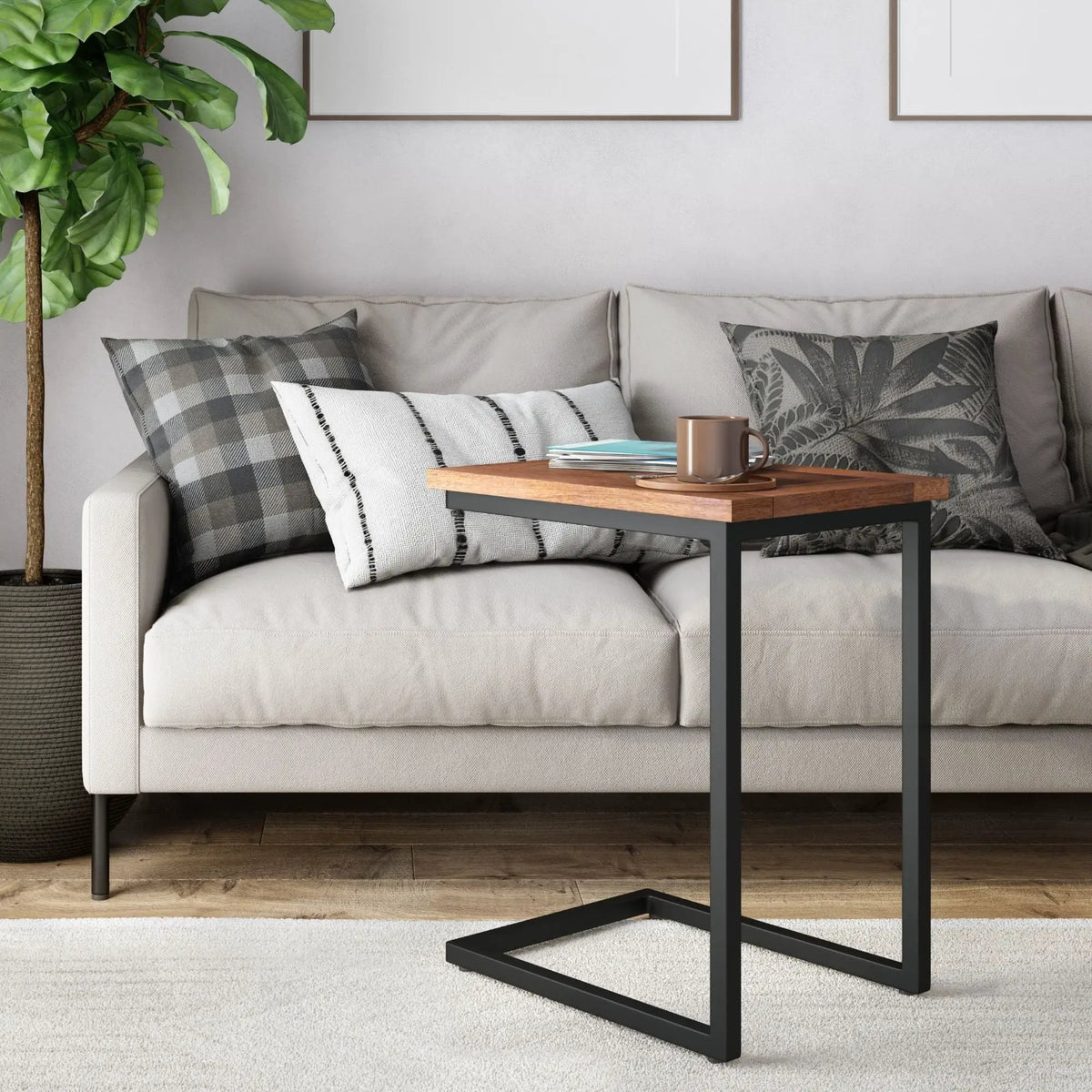 Skyler C-Shaped Side Table | Handcrafted | Powder-Coated Metal Base | Slide-Under Design