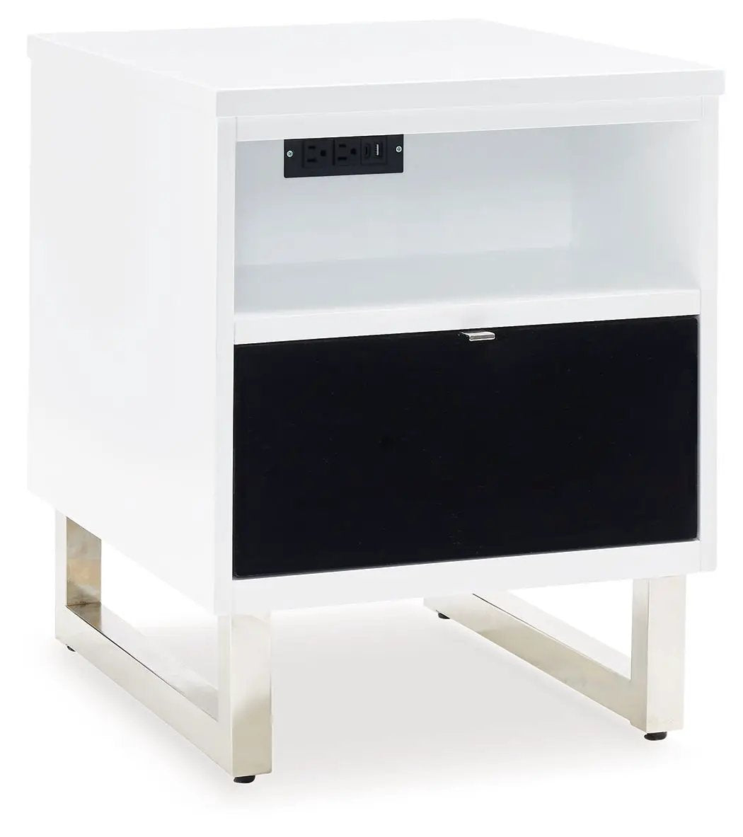 Chair Side End Table | USB Charging | Black Drawer | White Gloss Finish