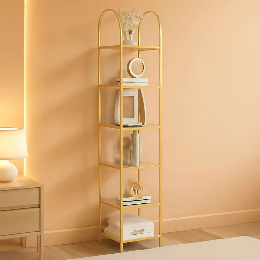 Bookcase Bookshelf 6 Tier Gold Tempered Glass Arched Top from PriceLows™