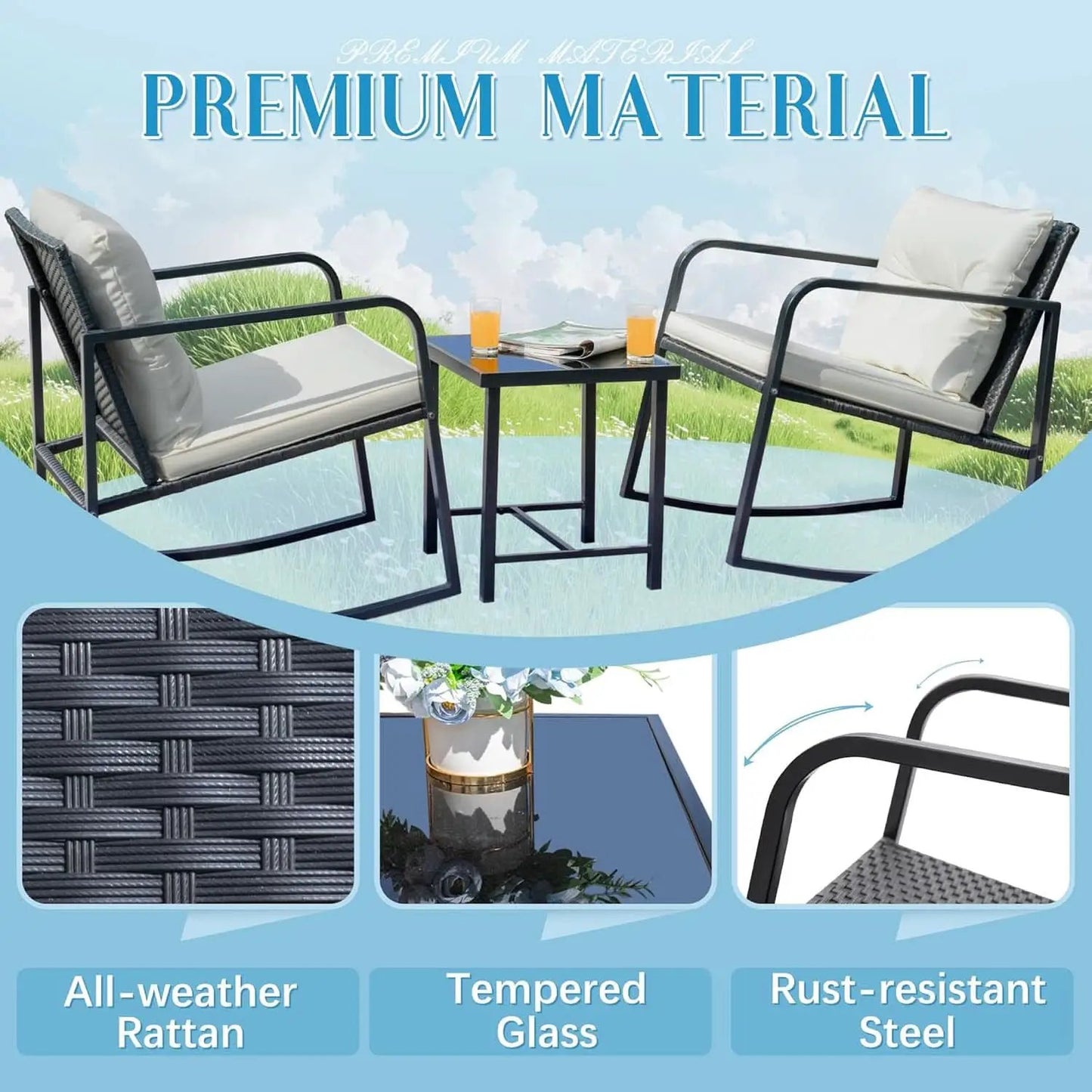 Patio Set 3 Piece White Wicker Rocking With Coffee Table from PriceLows™