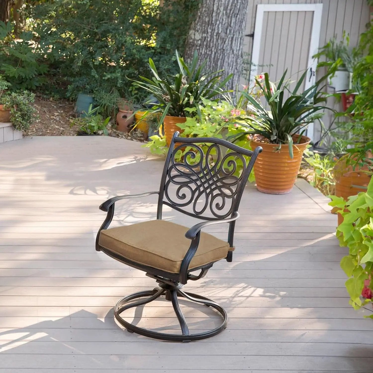 7 Piece Patio Dining Set 6 Swivel Chairs Tan Cushions 38x72 from PriceLows™