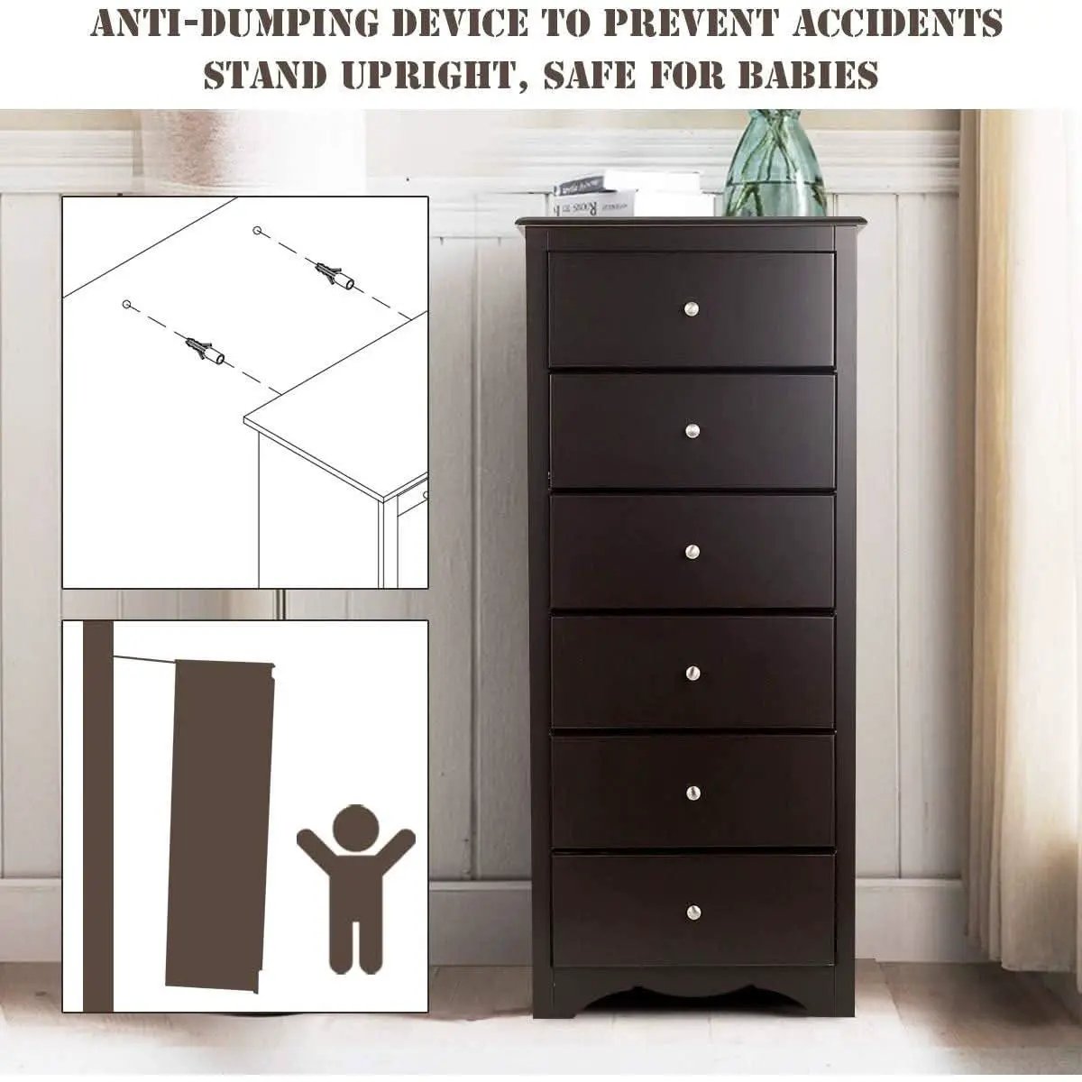 Brown Wood 6 Drawer Dresser For Bedroom Storage Unit from PriceLows™