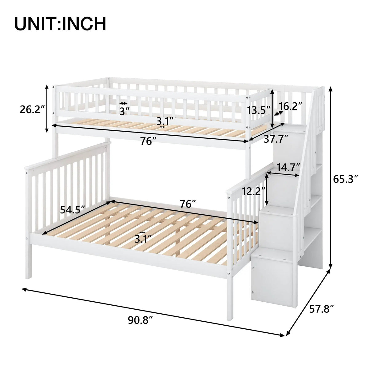 Twin Over Full Bunk Bed | Built In Staircase | Steel Frame
