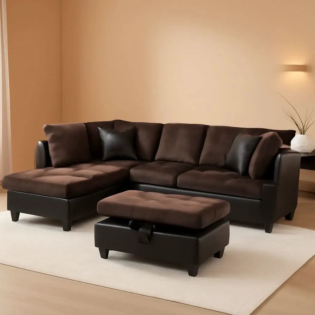 3-Piece Contemporary Sectional Sofa With Chaise And Storage Ottoman Chocolate from PriceLows™