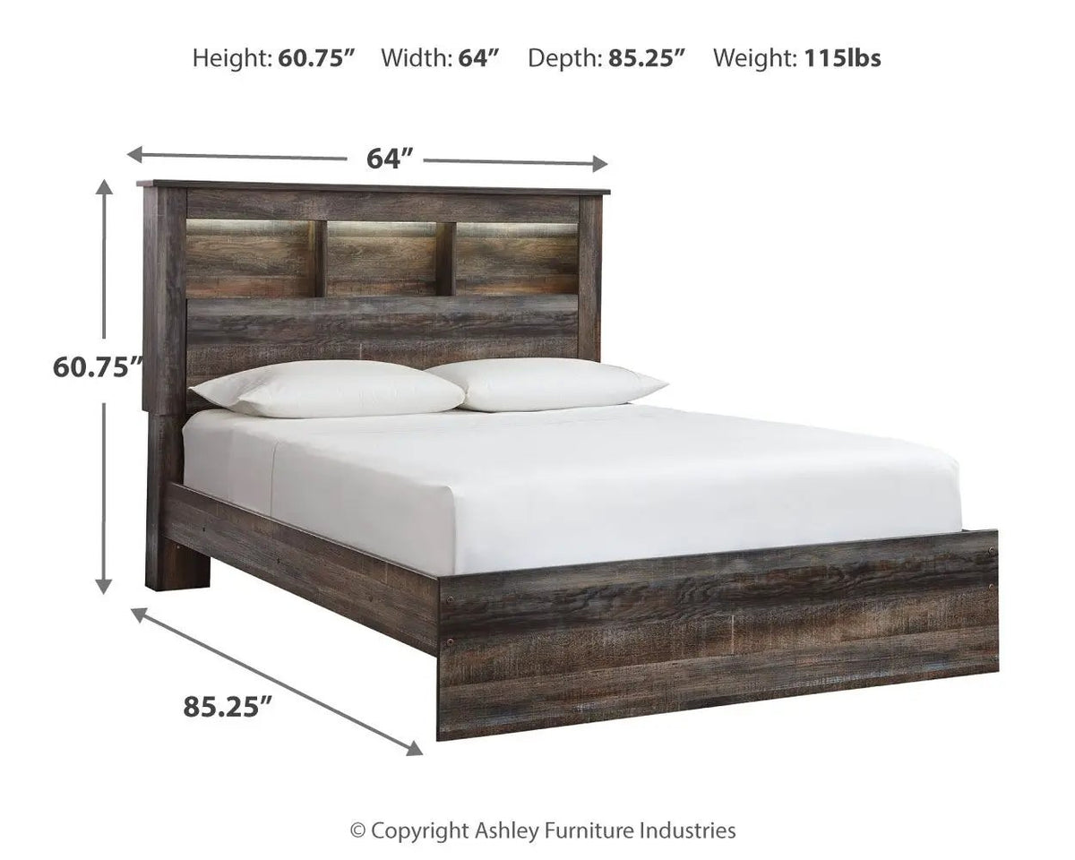 Drystan Panel Bookcase Bed | Storage Headboard | Rustic Industrial Style | 85 Inch Length