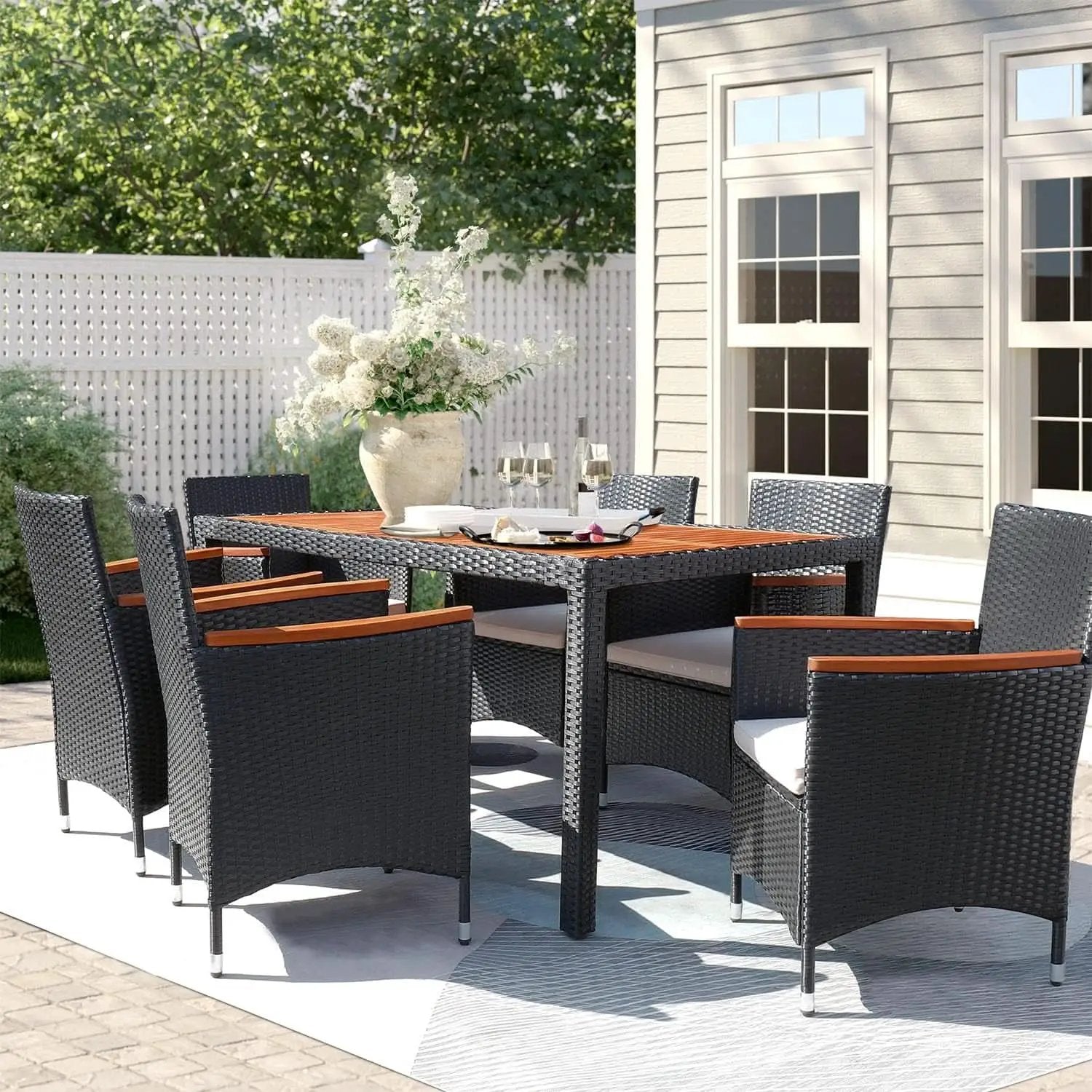 7 Piece Patio Dining Set Acacia Wood Table Wicker Chairs from PriceLows™