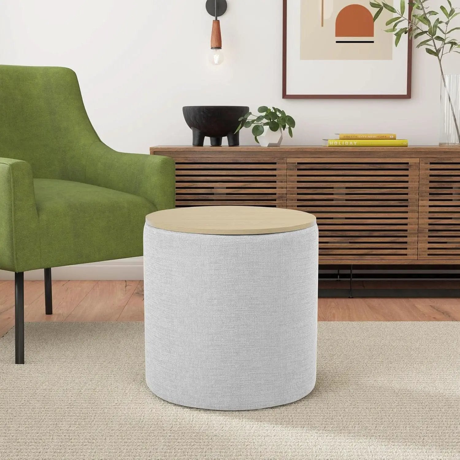 Storage Ottoman 18 Inch Wood Top Gray Textured Fabric from PriceLows™