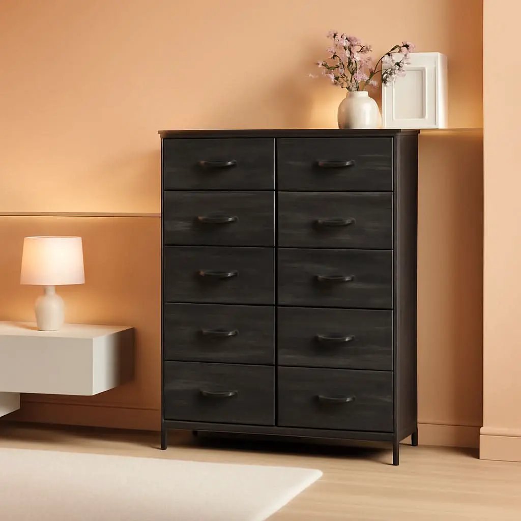 Charcoal Black 10 Drawer Fabric Storage Tower For Bedroom from PriceLows™