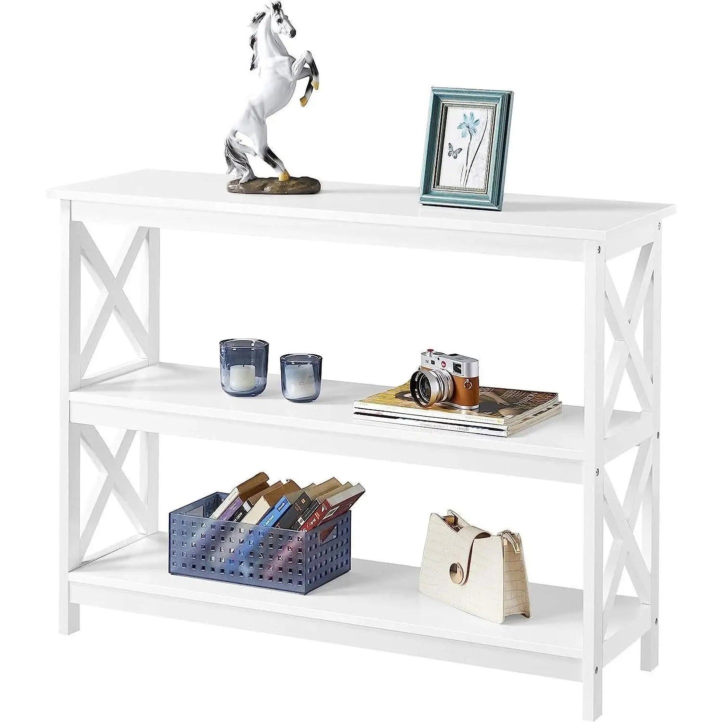 White Three Tier Console Table With Storage Shelves from PriceLows™