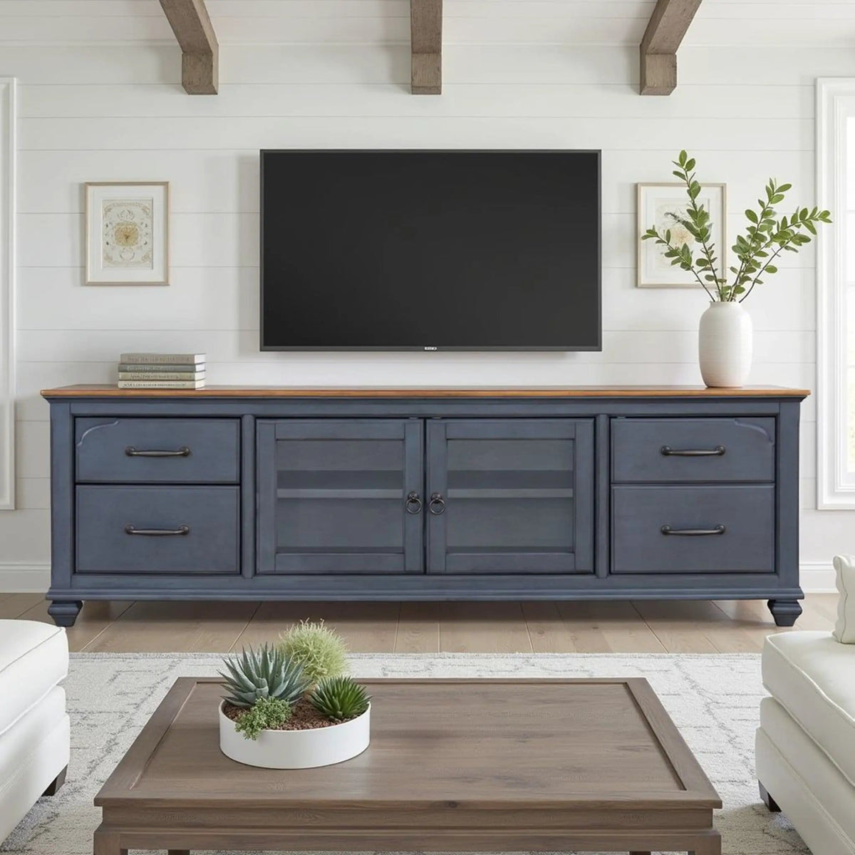 TV Stand For TVs Up To 90" - | 84 x 18 x 27 in | Glass & Wood | Blue