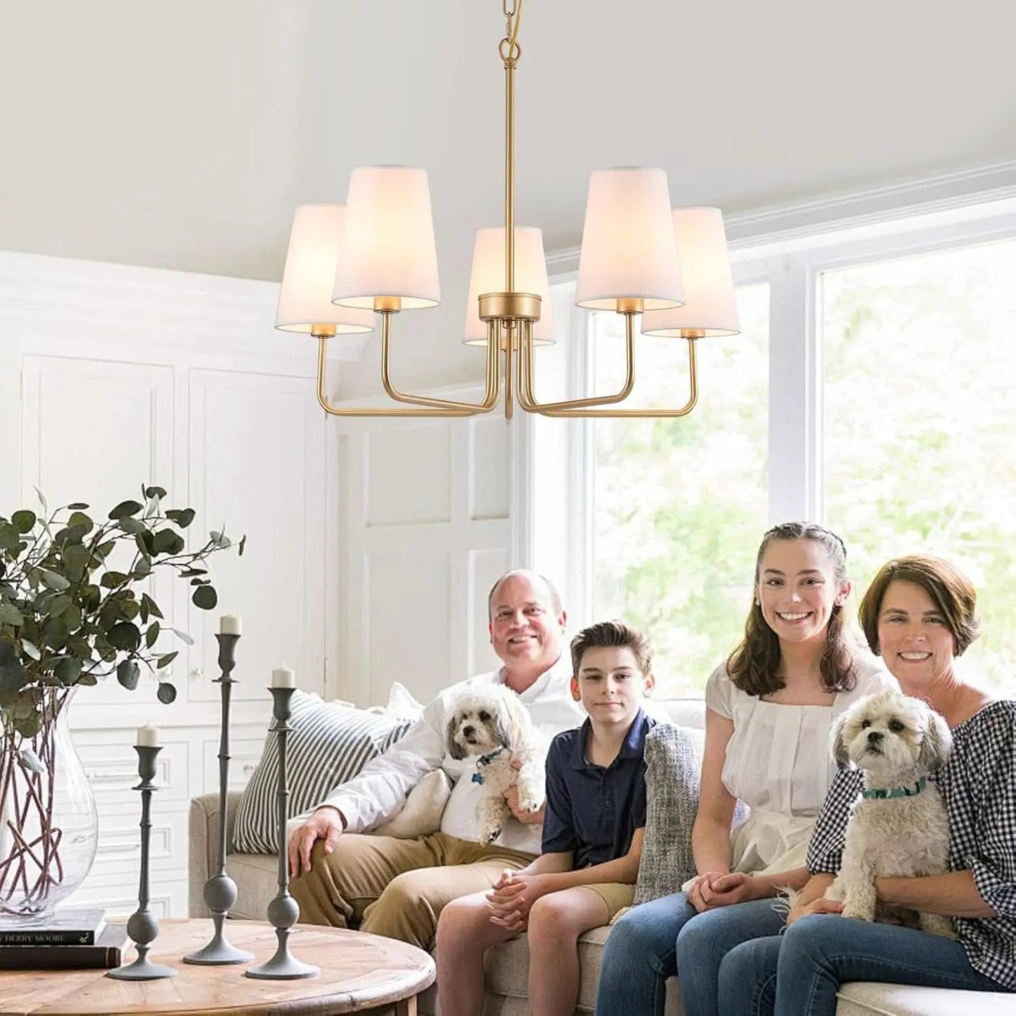 Five Light Gilded Farmhouse Chandelier With White Shades from PriceLows™