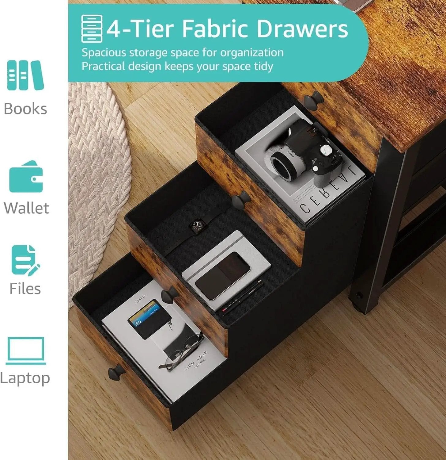 55 Inch Rustic Brown Computer Desk With 4 Fabric Drawers from PriceLows™