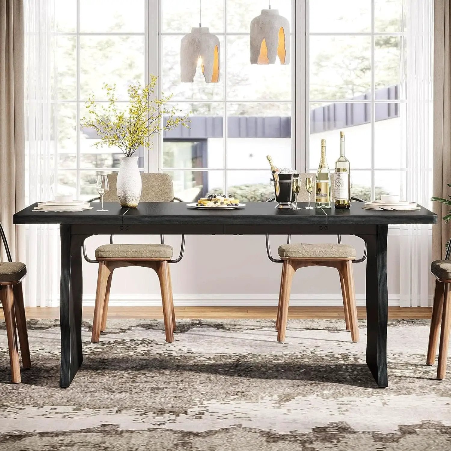 Black 63 Inch Rectangular Modern Dining Table For 4 To 6 from PriceLows™