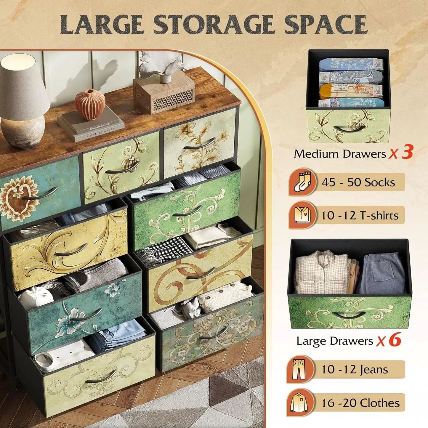 9 Drawer Dresser With Fabric Bins Floral Pattern Wood Top from PriceLows™