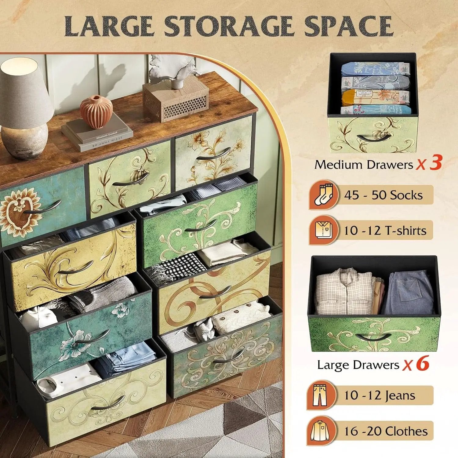 9 Drawer Dresser With Fabric Bins Floral Pattern Wood Top from PriceLows™