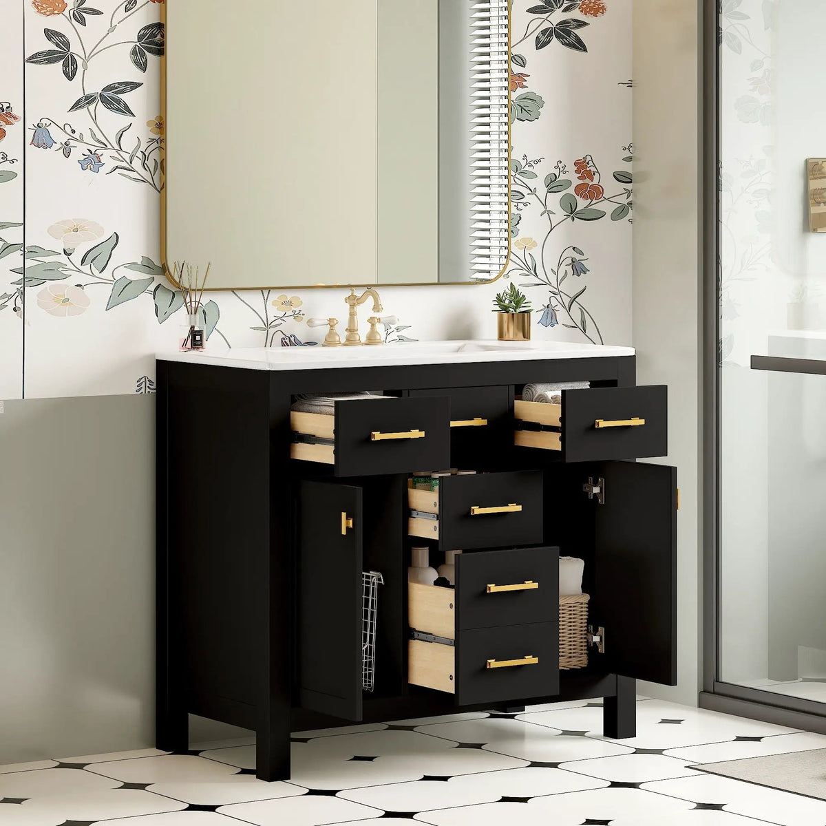 36 Inch Bathroom Vanity | Resin Sink Combo Set | 4 Drawers | Solid Wood Feet