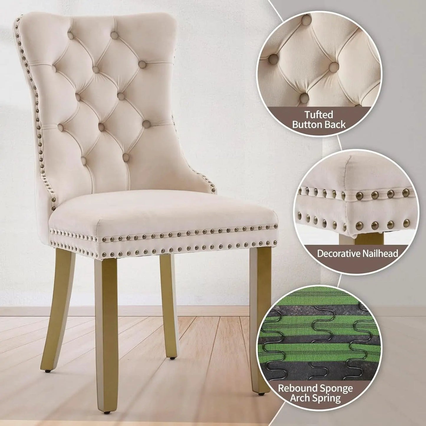 Beige Velvet Dining Chairs Set Of Four Wingback Button Tufted Dining Room Chairs from PriceLows™