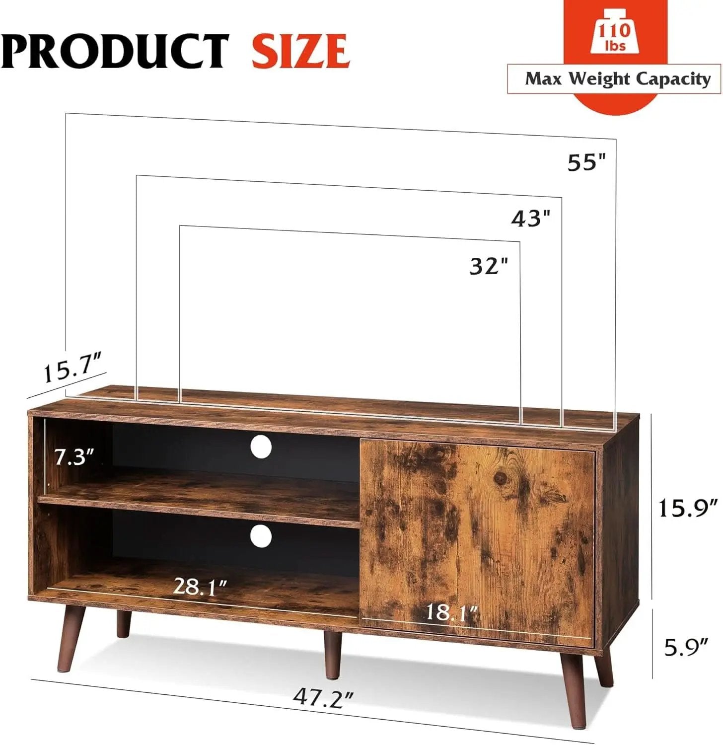 Mid Century TV Stand for 55 Inch TV Brown Wood Entertainment Center With Storage from PriceLows™