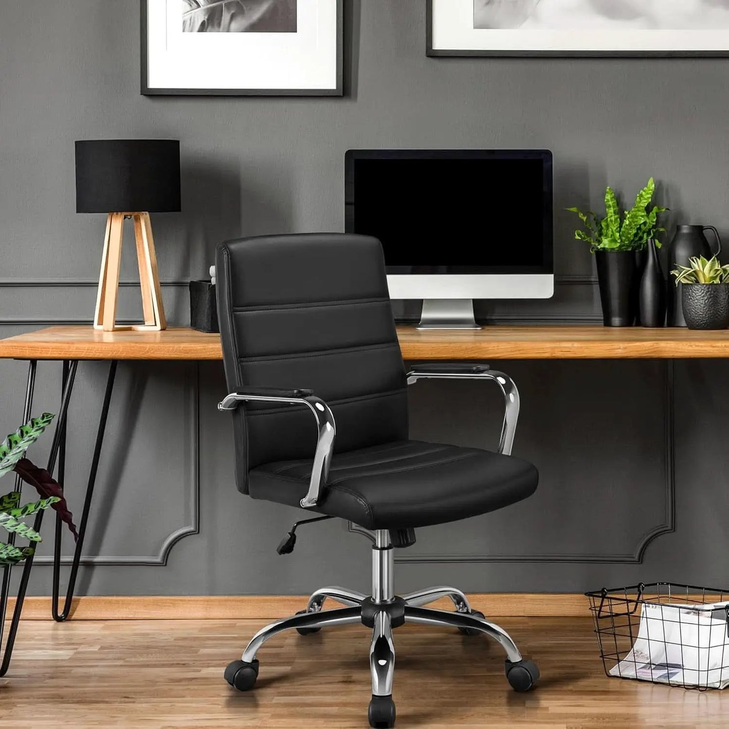 Ergonomic Mid Back Office Chair Black PU Leather With Lumbar Support from PriceLows™