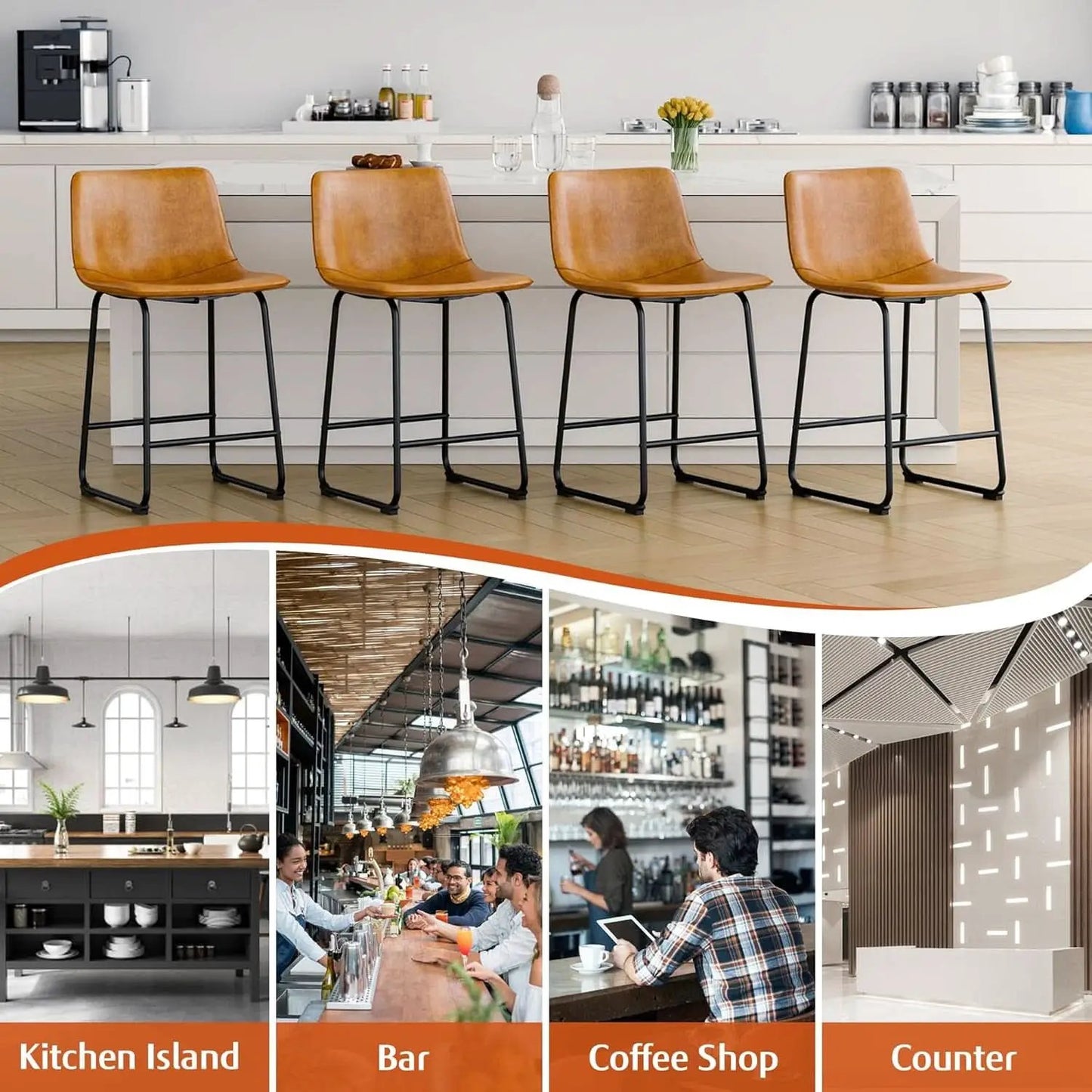 Bar Stools Set Of 4 26 Inch Brown PU Leather Counter Height from PriceLows™