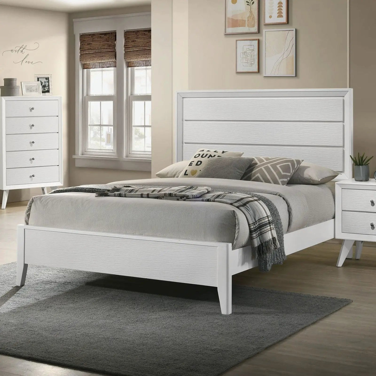 Modern Bed Frame | Wave Texture Headboard | Angled Legs | Solid Wood Construction