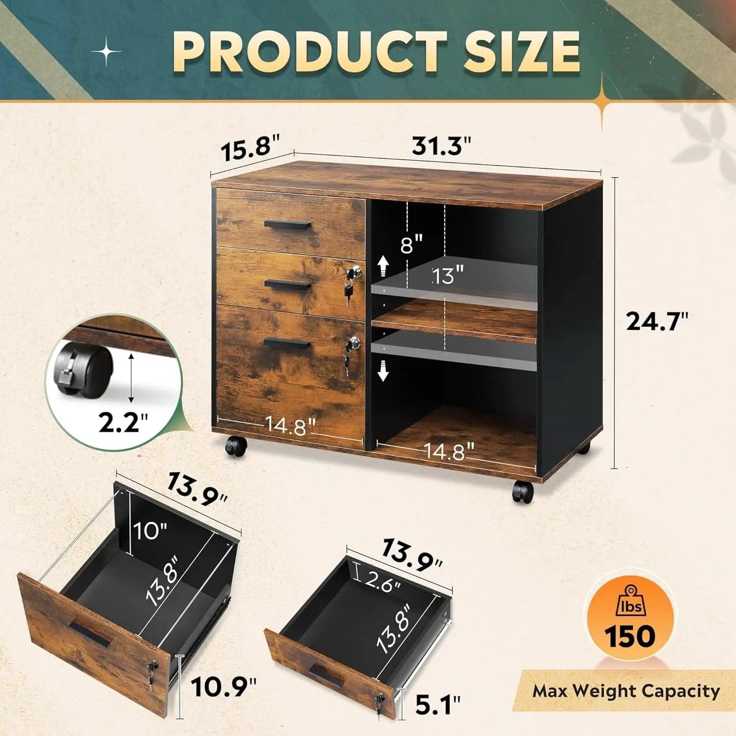 3 Drawer Wood File Cabinet With Lock For Home Office from PriceLows™
