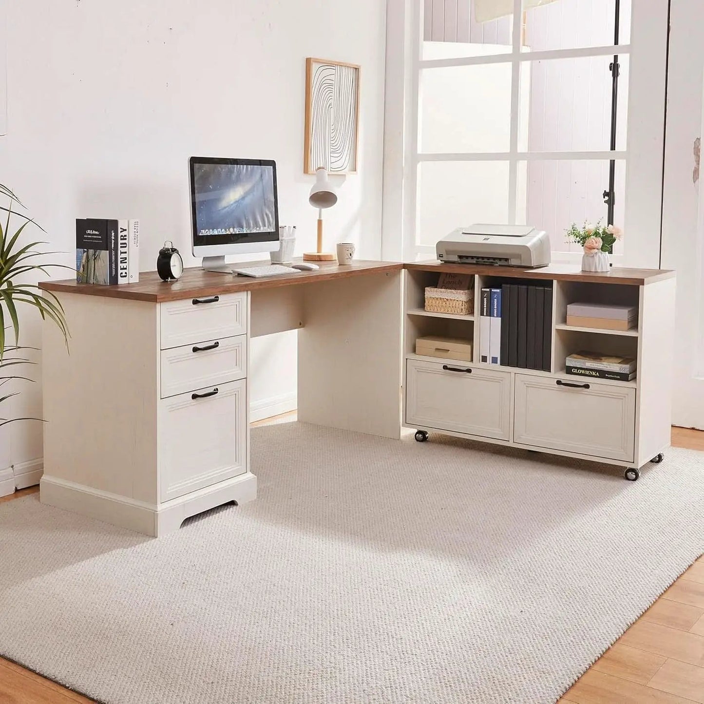 60 Inch L Shaped Desk With Farmhouse Cabinetry Storage from PriceLows™