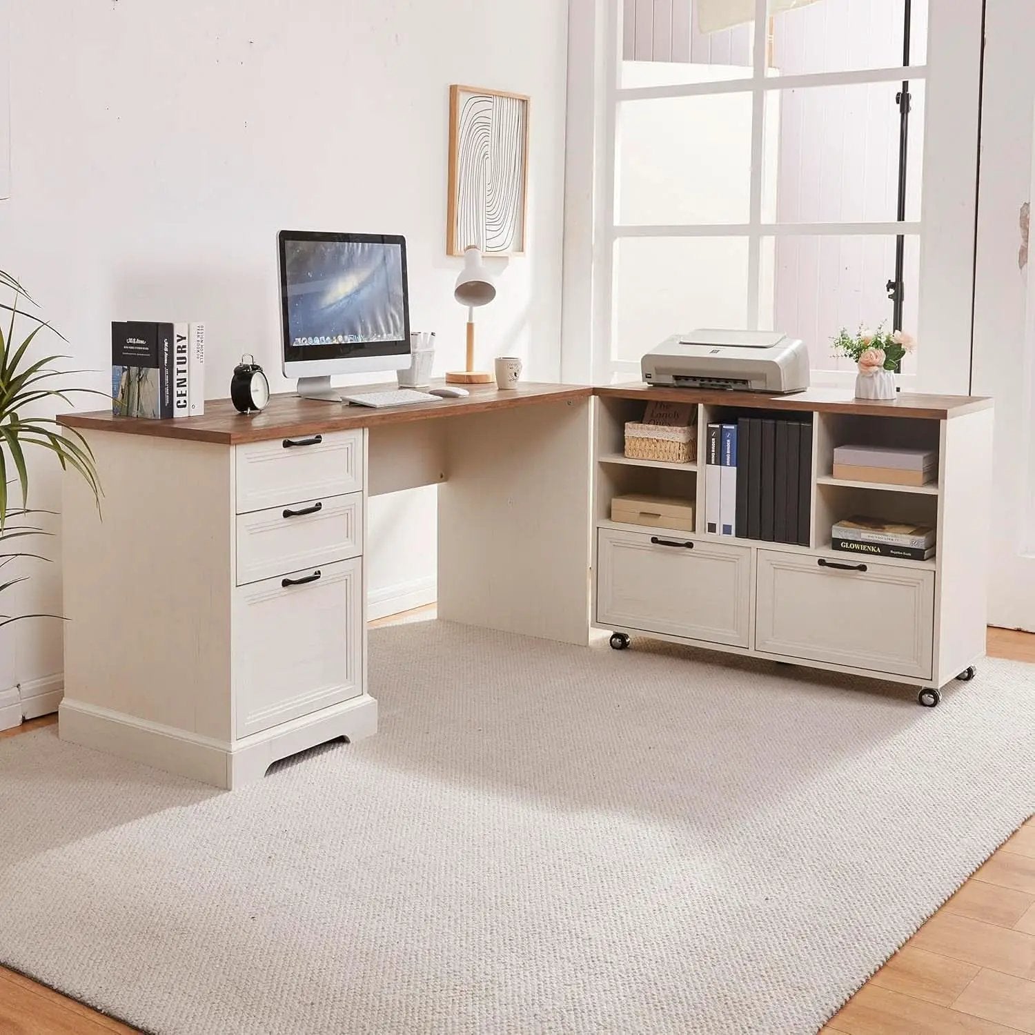 60 Inch L Shaped Desk With Farmhouse Cabinetry Storage from PriceLows™