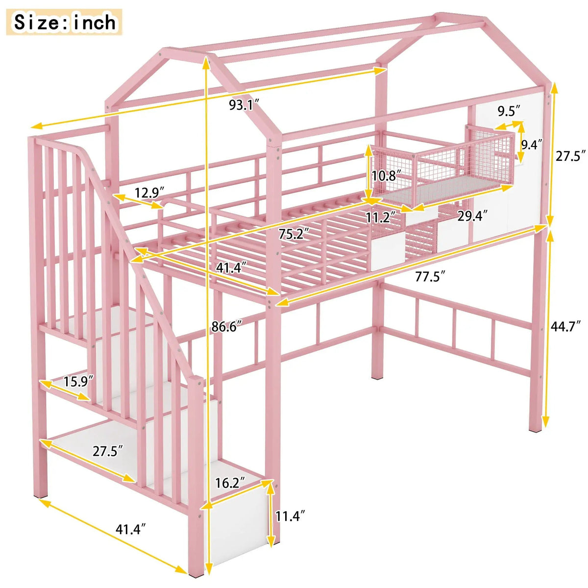 Metal Loft Bed | Roof Design | Storage Box | Integrated Ladder