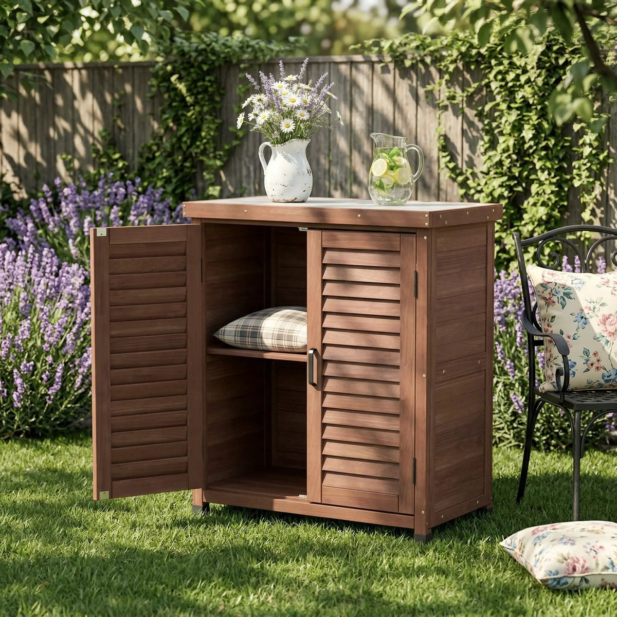 Outdoor Potting Bench | Storage Cabinet | Metal Table Top | Hemlock Wood Construction
