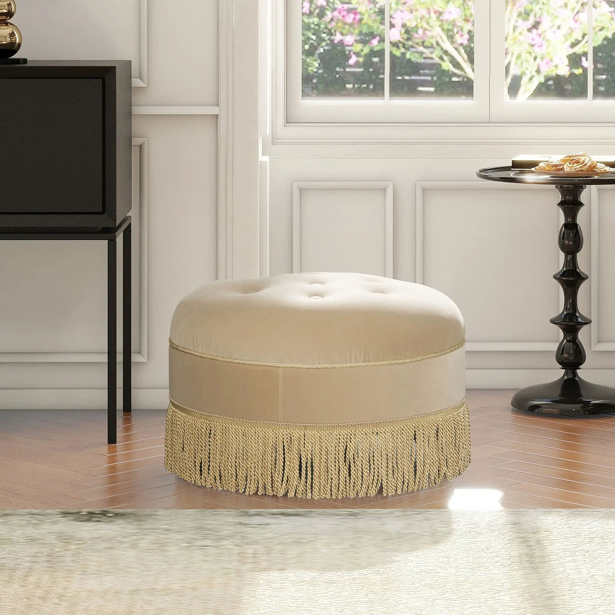 Yolanda Round Accent Ottoman | Handcrafted Quality | Kiln-Dried Hardwood Frame | 16 Inch Height