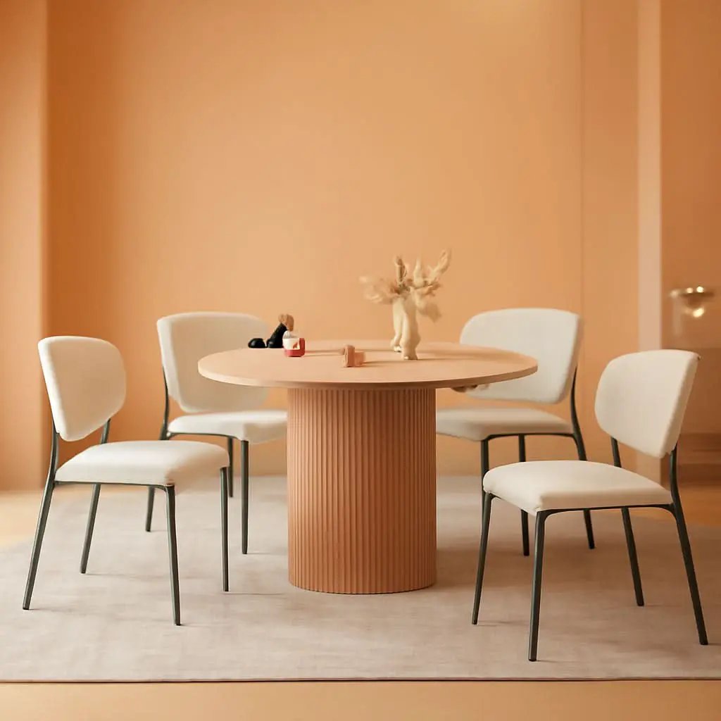 47 Inch Round Dining Table Set Beige Oak Boucle Padded Seating from PriceLows™