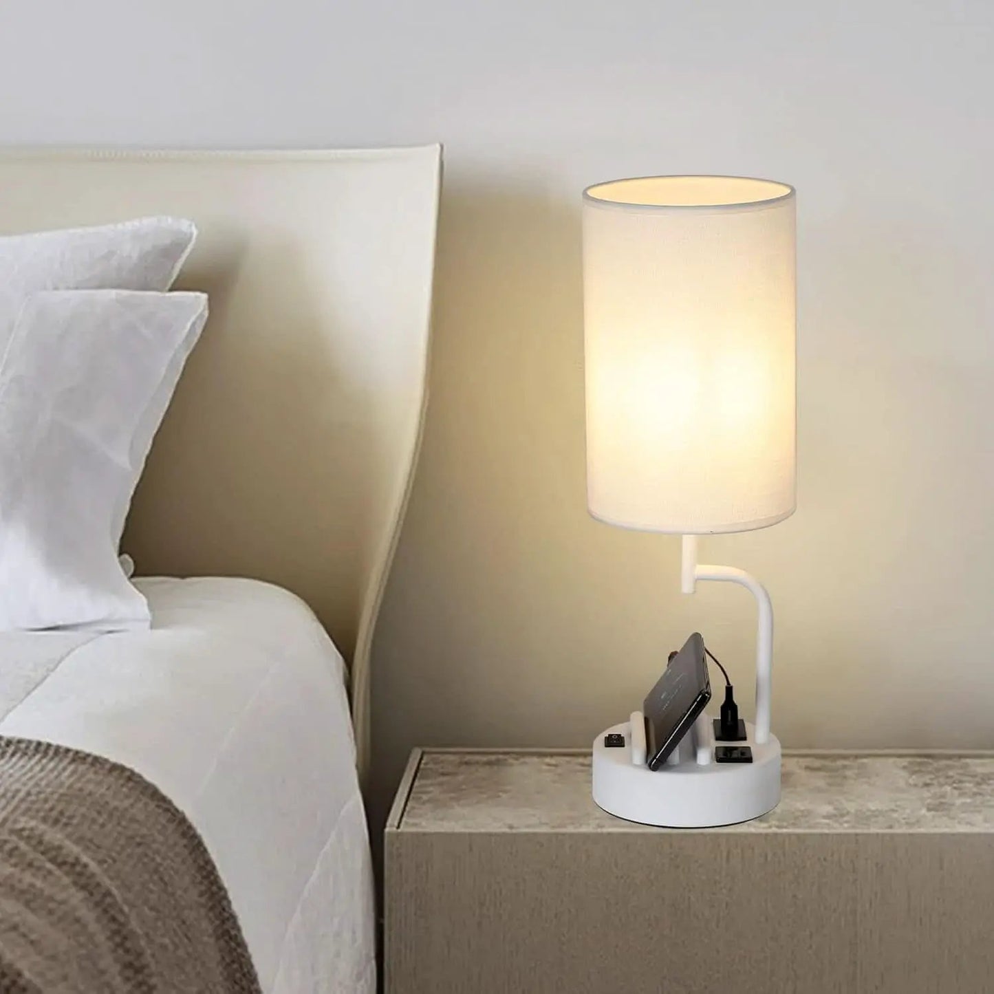 Table Lamp With 3 USB Ports White Finish For Home Office from PriceLows™